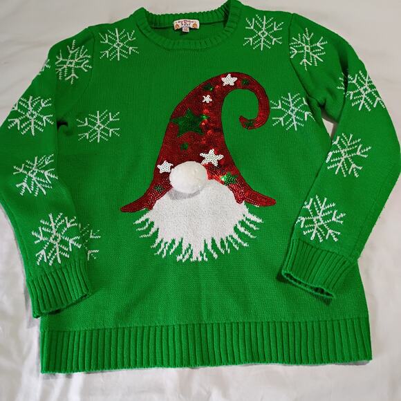 Ugly Christmas Sweater Gnome Medium Sequined Green Snowflakes PomPom Nose - Picture 2 of 12